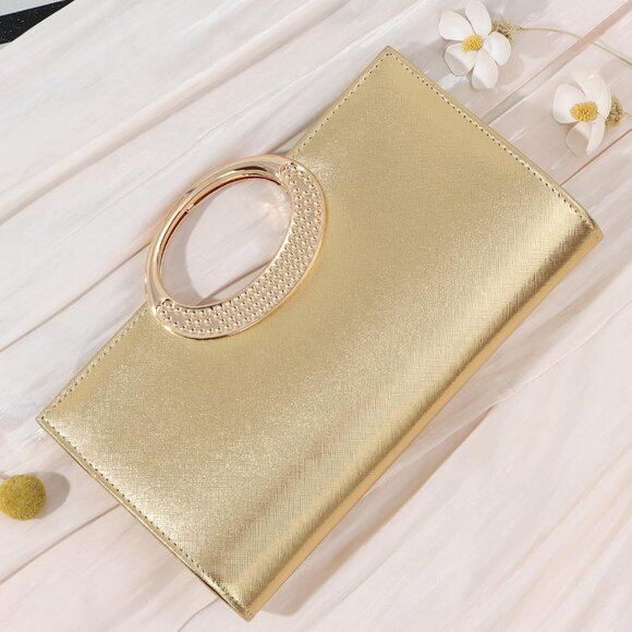 Gold PU Leather Clutch Purse for Women Evening Bag with Detachable Chain and Rhi - Picture 6 of 6